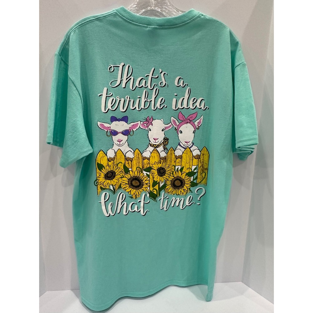 Southern Attitude Terrible Idea Goat Sunflower Graphic T-Shirt Mint Green Large